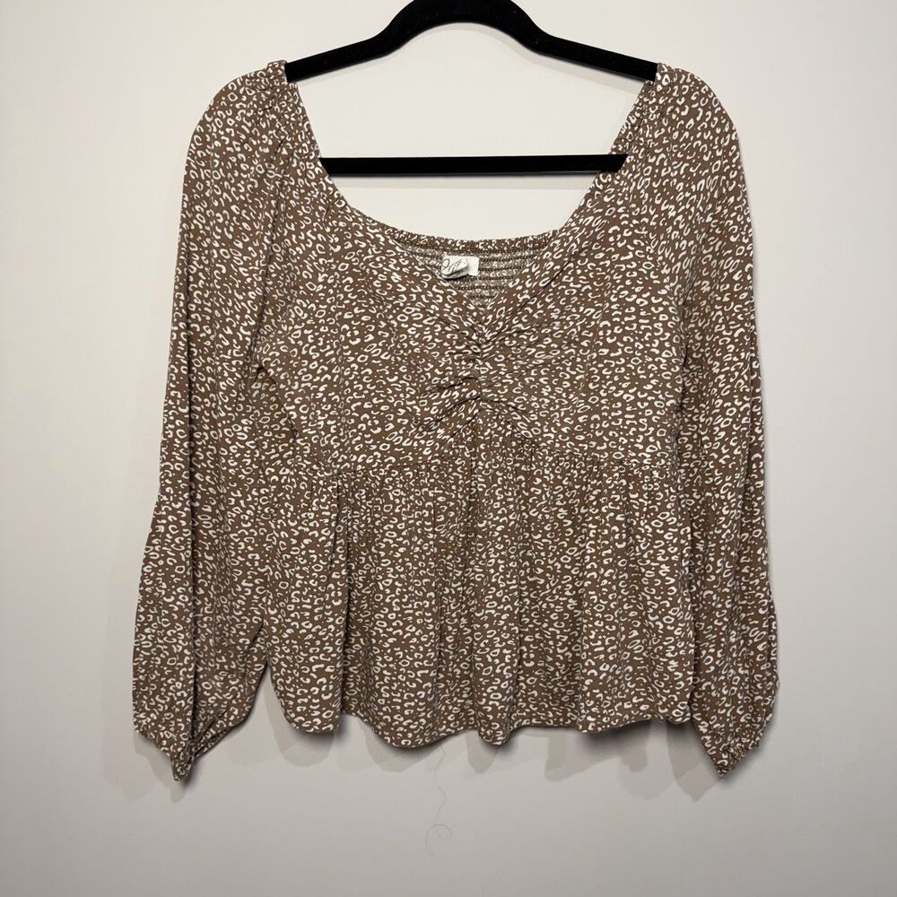 Japna Womens Brown Animal Print Peplum Blouse Size L Rayon Boho Long Sleeve